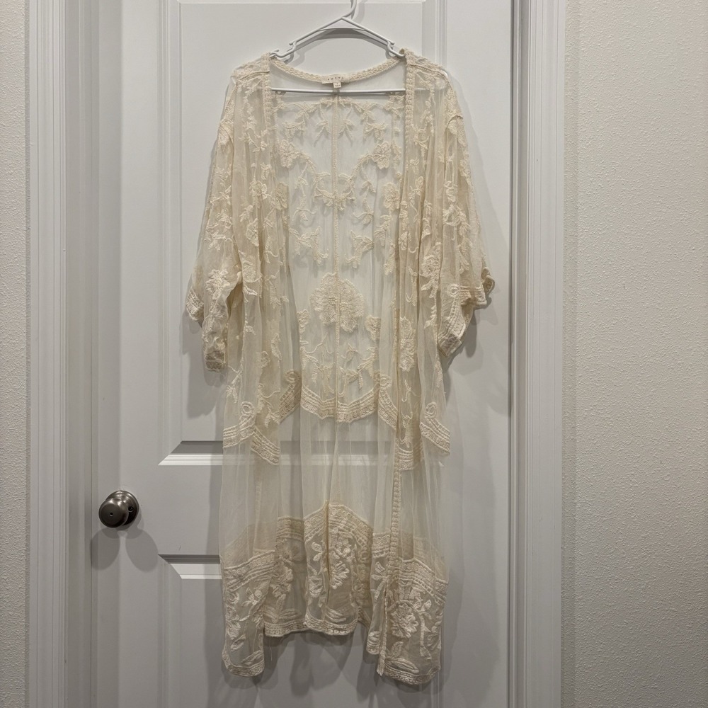 Adiva Ivory Floral Sheer Lace Open Front Kimono Long Large Cardigan Wedding Boho